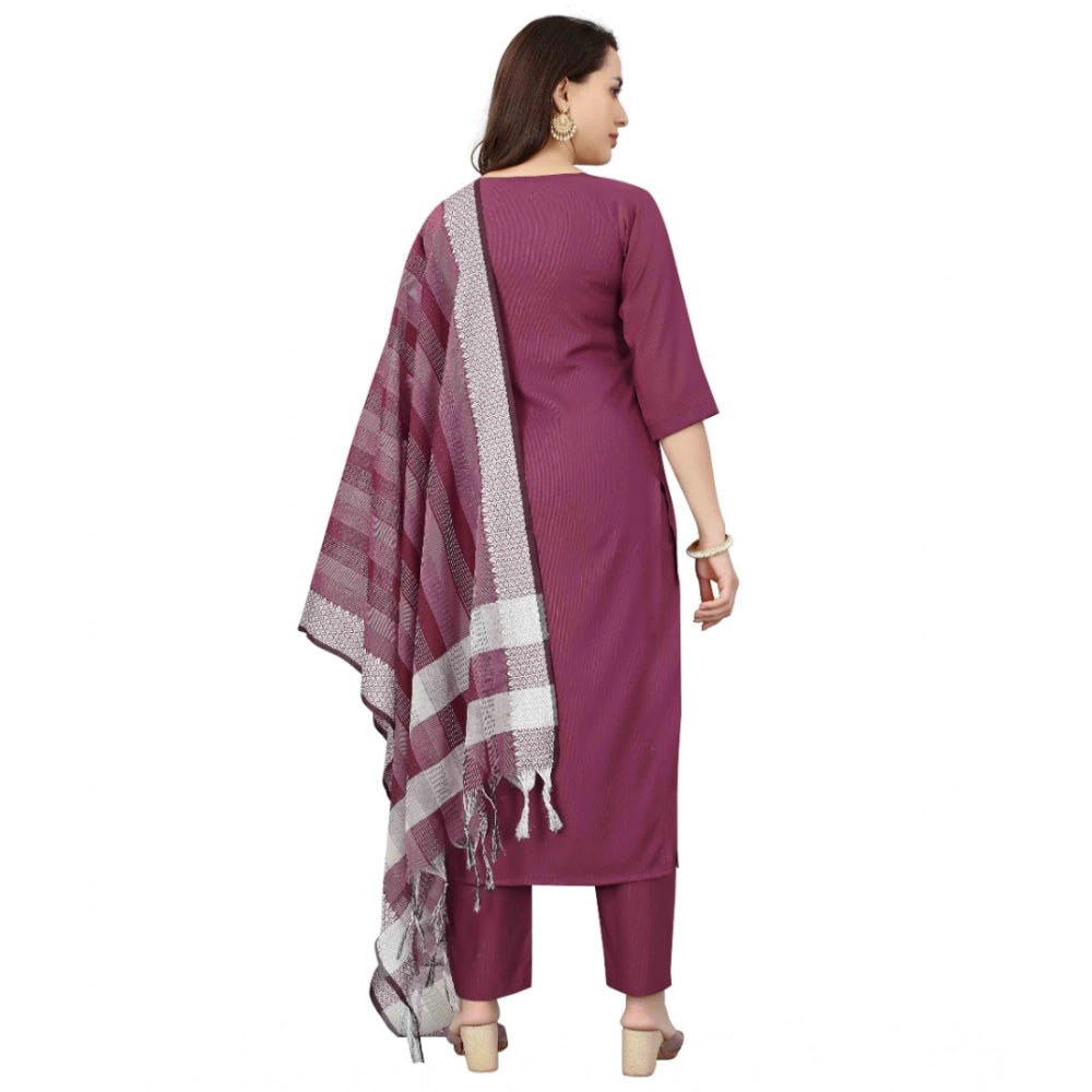 Amfyn Women's Cotton Blend Mirror Work 3-4 th Sleeve Sweetheart Neck Kurti With Pant Dupatta Set (Purple)
