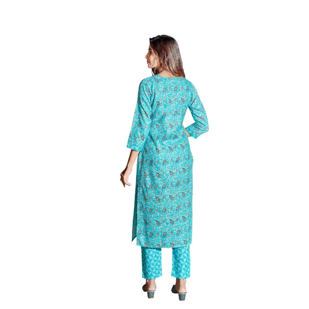 Amfyn Women's Cotton Blend Foil Print - Mirror Work 3-4 th Sleeve Round Neck Kurti With Pant Set (Green)