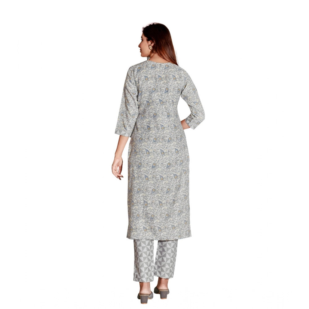 Amfyn Women's Cotton Blend Foil Print - Mirror Work 3-4 th Sleeve Round Neck Kurti With Pant Set (Grey)