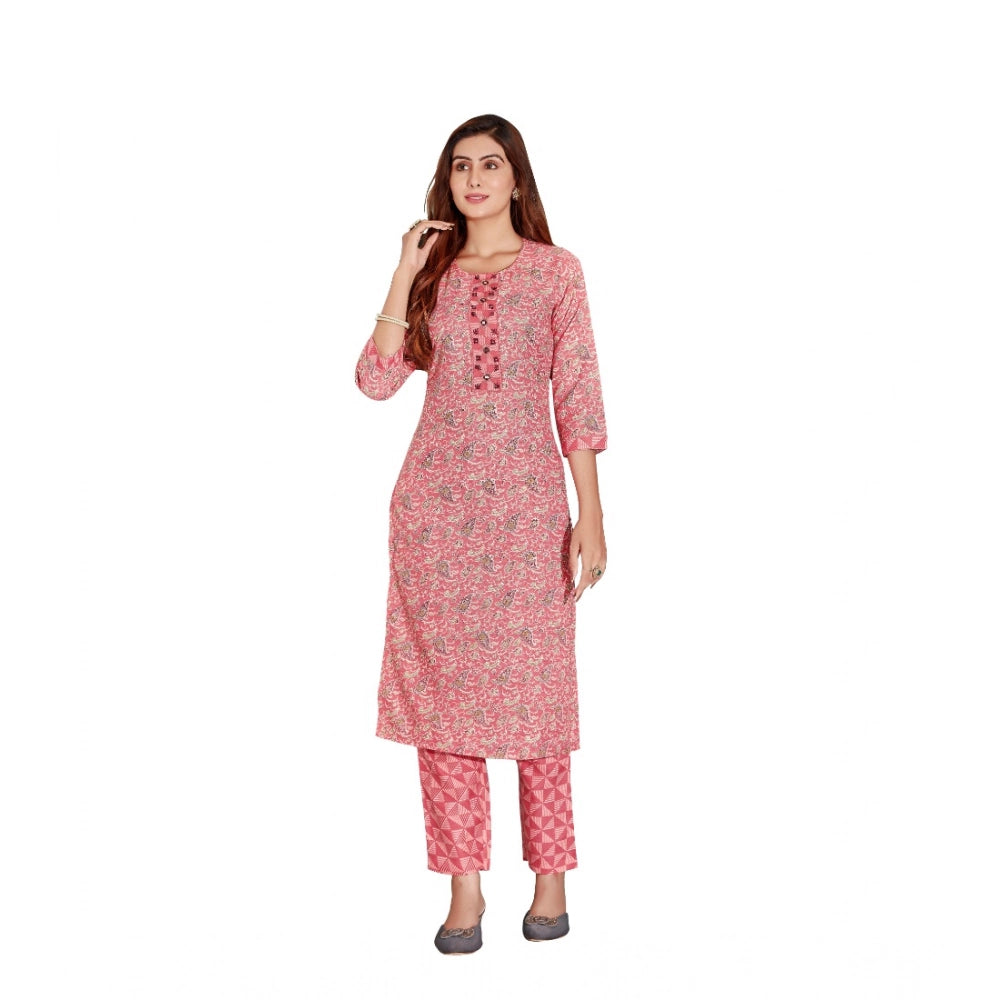 Amfyn Women's Cotton Blend Foil Print - Mirror Work 3-4 th Sleeve Round Neck Kurti With Pant Set (Pink)