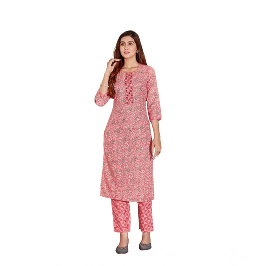 Amfyn Women's Cotton Blend Foil Print - Mirror Work 3-4 th Sleeve Round Neck Kurti With Pant Set (Pink)