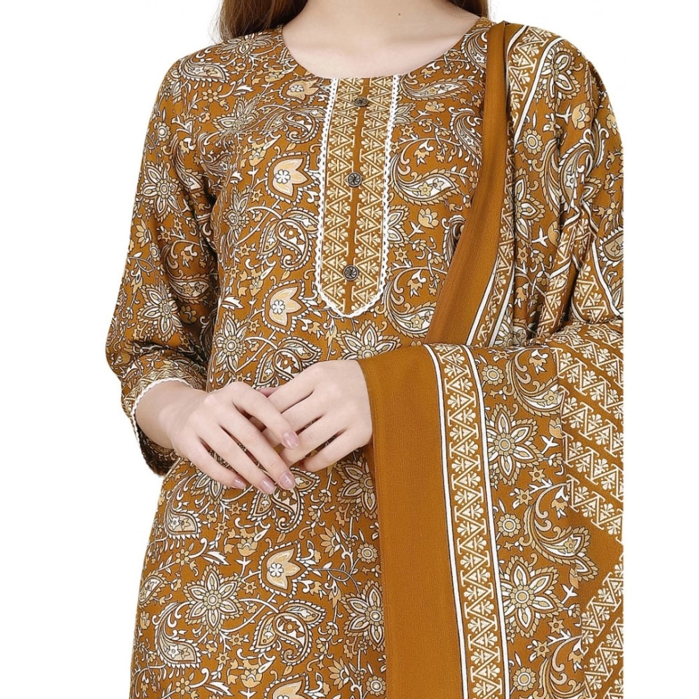 Amfyn Women's Cotton Blend Printed 3-4 th Sleeve Round Neck Kurti With Pant Dupatta Set (Yellow)