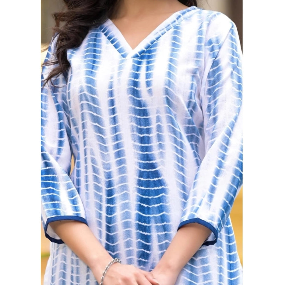 Amfyn Women's Cotton Printed 3-4 th Sleeve V Neck Kurti With Pant Dupatta Set (Blue)