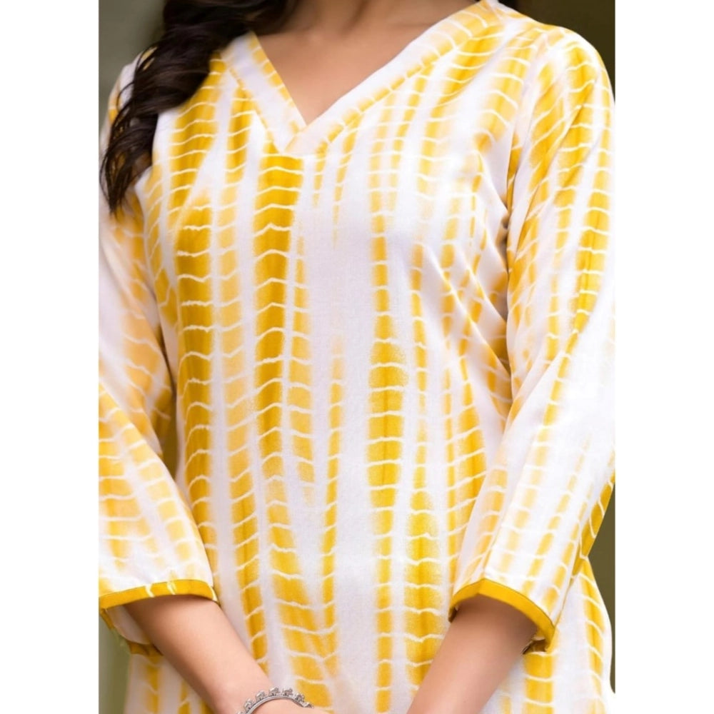 Amfyn Women's Cotton Printed 3-4 th Sleeve V Neck Kurti With Pant Dupatta Set (Yellow)