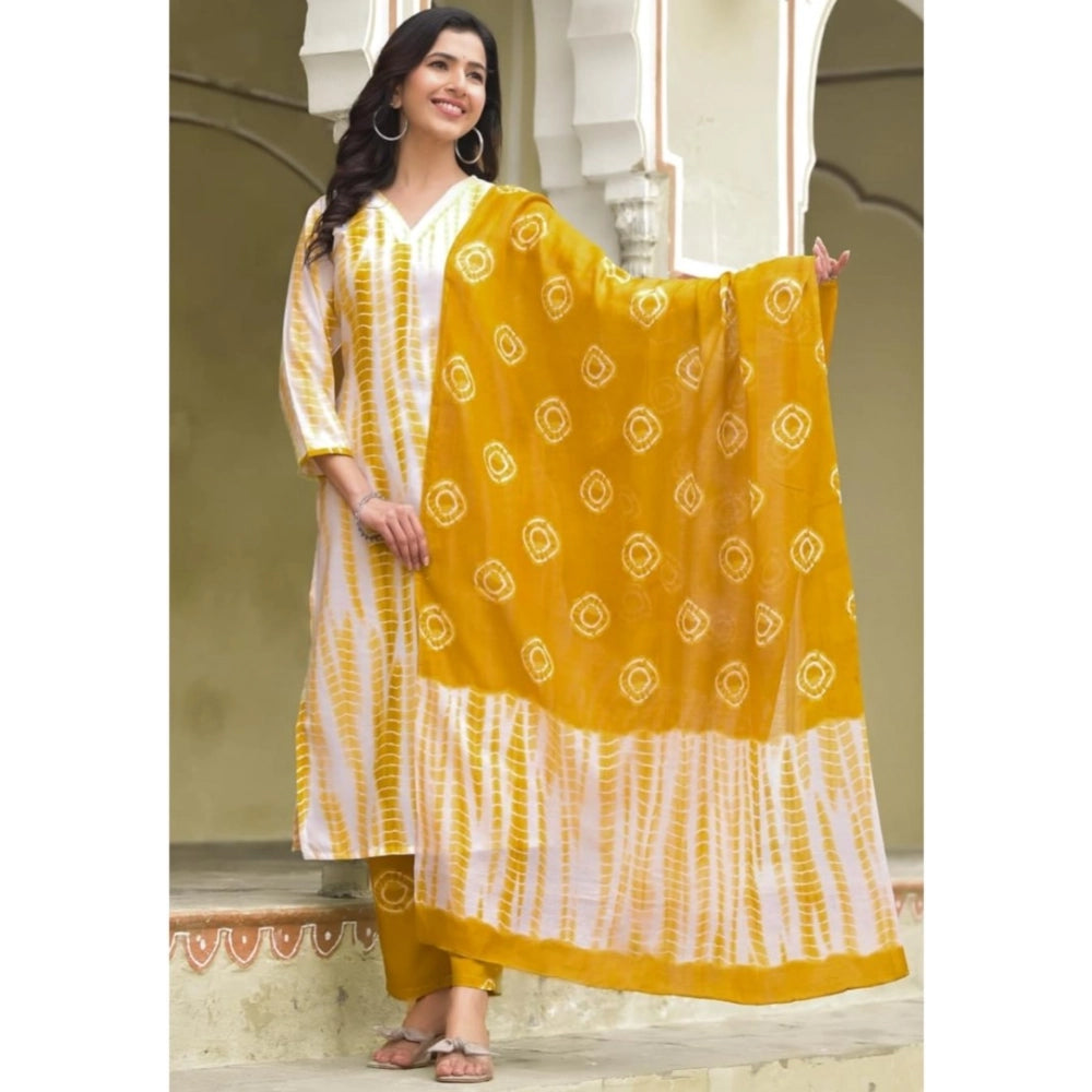 Amfyn Women's Cotton Printed 3-4 th Sleeve V Neck Kurti With Pant Dupatta Set (Yellow)