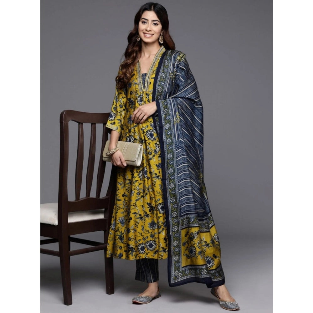 Amfyn Women's Cotton Blend Printed 3-4 th Sleeve V Neck Kurti With Pant Dupatta Set (Yellow)