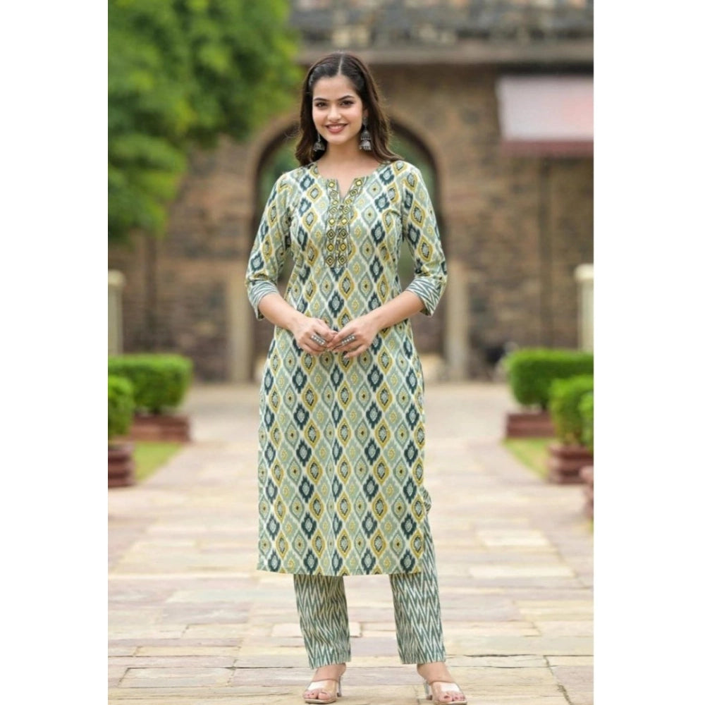Amfyn Women's Cotton Printed 3-4 th Sleeve V Neck Kurti With Pant Dupatta Set (Green)
