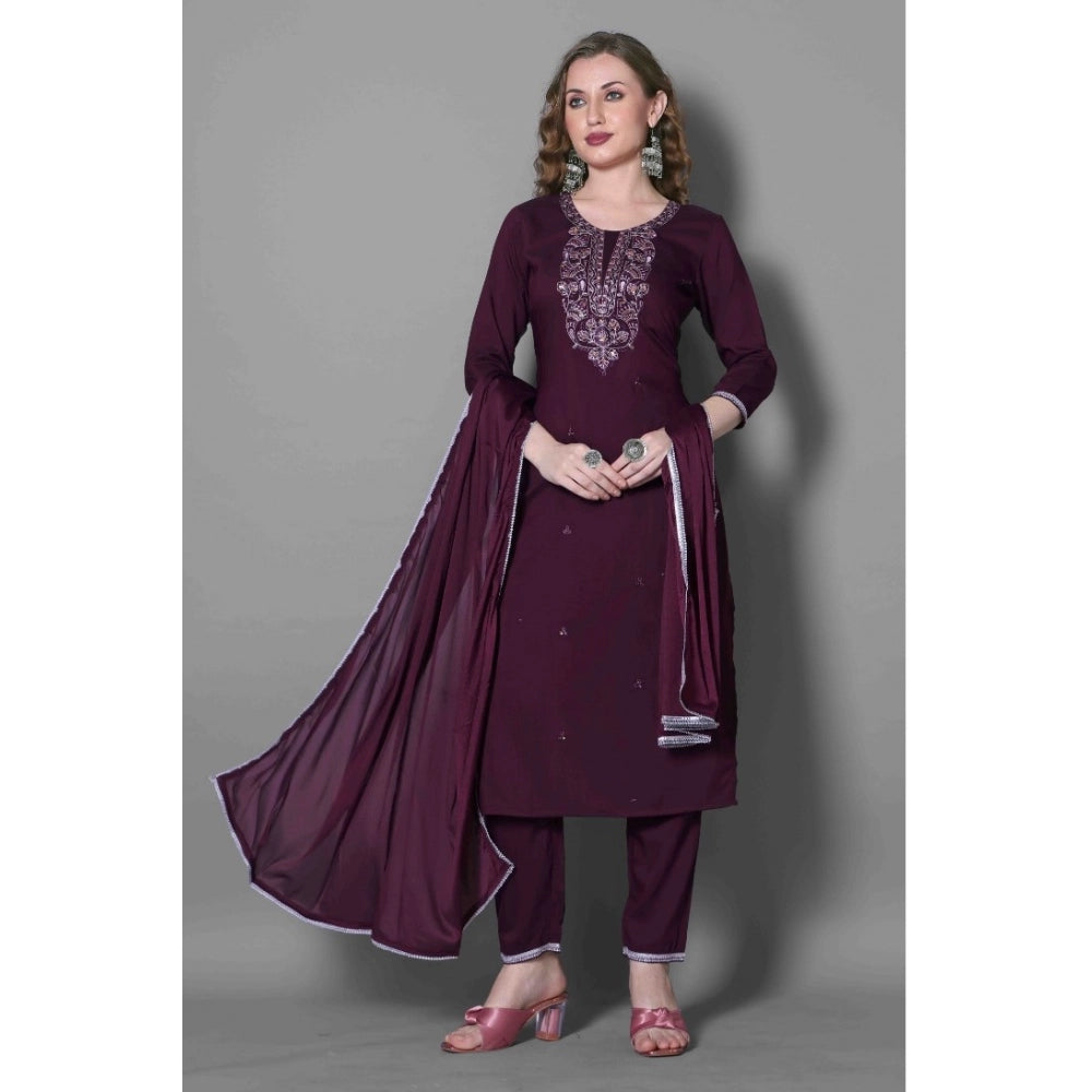 Amfyn Women's Silk Blend Embroidered 3-4 th Sleeve Round Neck Kurti With Pant Dupatta Set (Purple)