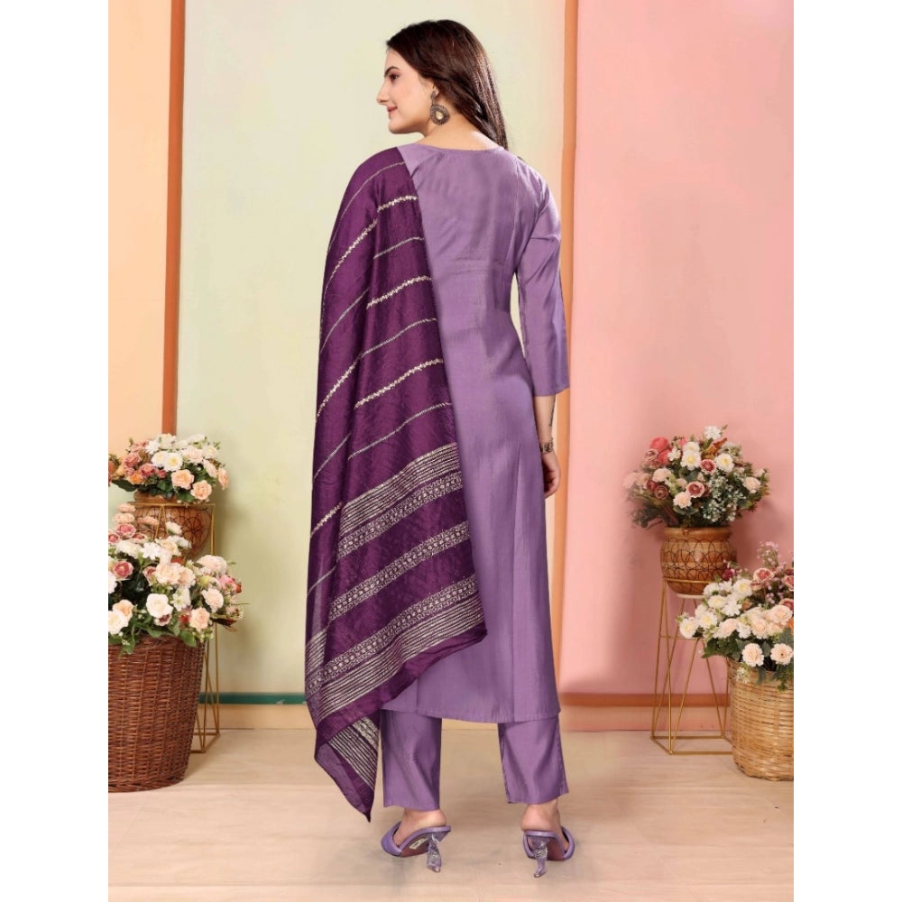 Amfyn Women's Silk Embroidered 3-4 th Sleeve Sweetheart Neck Kurti With Pant Dupatta Set (Lavender)