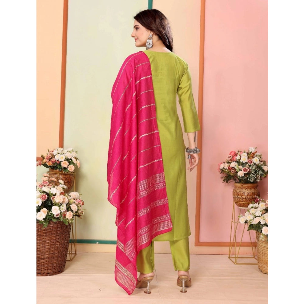 Amfyn Women's Silk Embroidered 3-4 th Sleeve Sweetheart Neck Kurti With Pant Dupatta Set (Green)