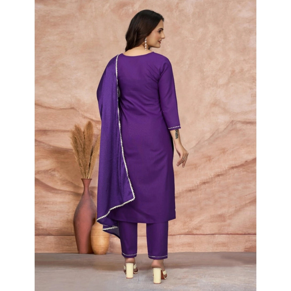 Amfyn Women's Cotton Blend Embroidered 3-4 th Sleeve Sweetheart Neck Kurti With Pant Dupatta Set (Purple )