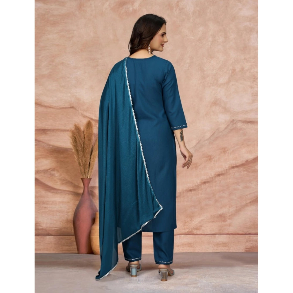 Amfyn Women's Cotton Blend Embroidered 3-4 th Sleeve Sweetheart Neck Kurti With Pant Dupatta Set (Blue)