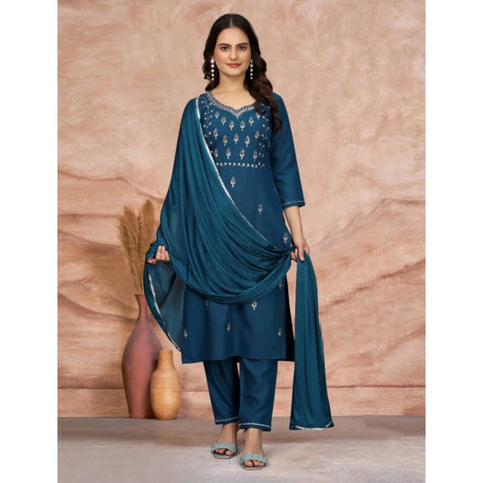 Amfyn Women's Cotton Blend Embroidered 3-4 th Sleeve Sweetheart Neck Kurti With Pant Dupatta Set (Blue)