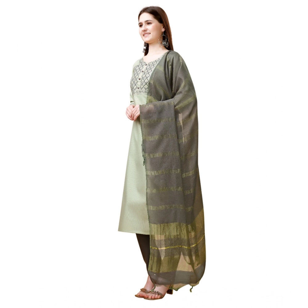 Amfyn Women's Cotton Blend Embroidered 3-4 th Sleeve Round Neck Kurti With Pant Dupatta Set (Light Green)