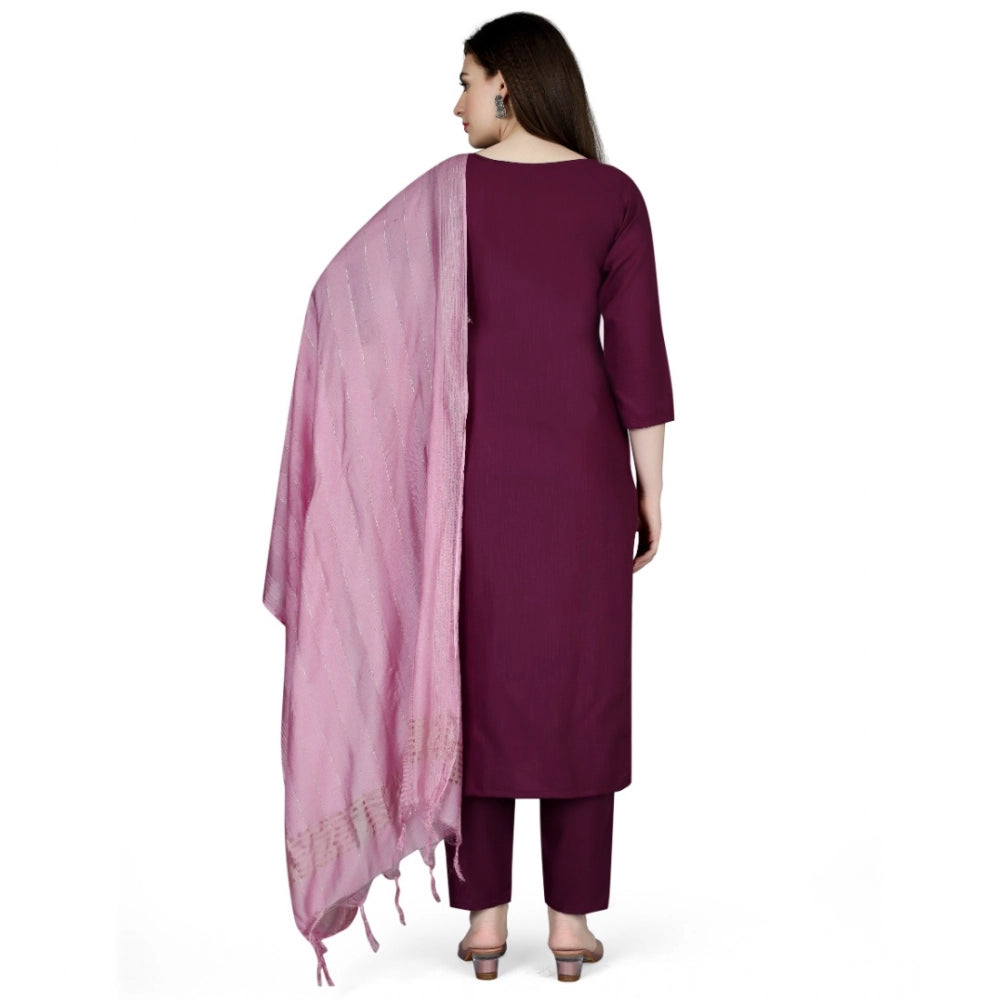 Amfyn Women's Cotton Blend Embroidered 3-4 th Sleeve V Neck Kurti With Pant Dupatta Set (Purple)