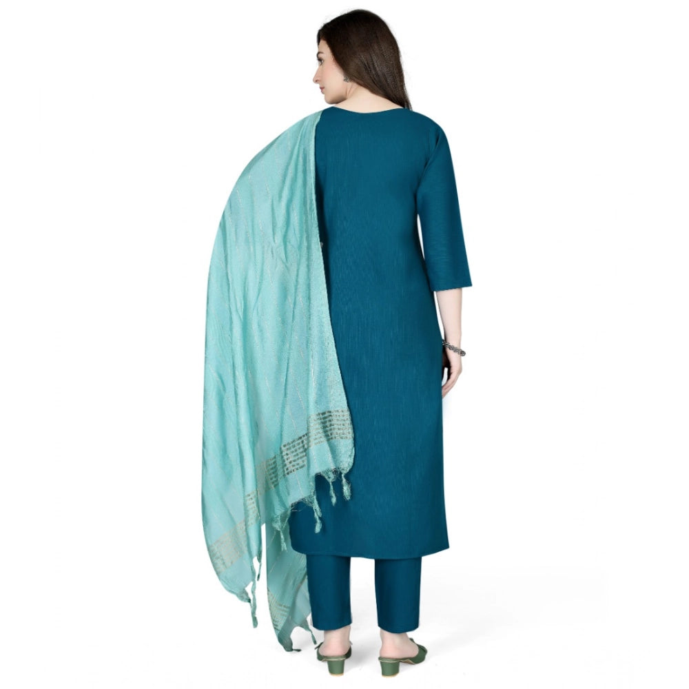 Amfyn Women's Cotton Blend Embroidered 3-4 th Sleeve V Neck Kurti With Pant Dupatta Set (Indigo)