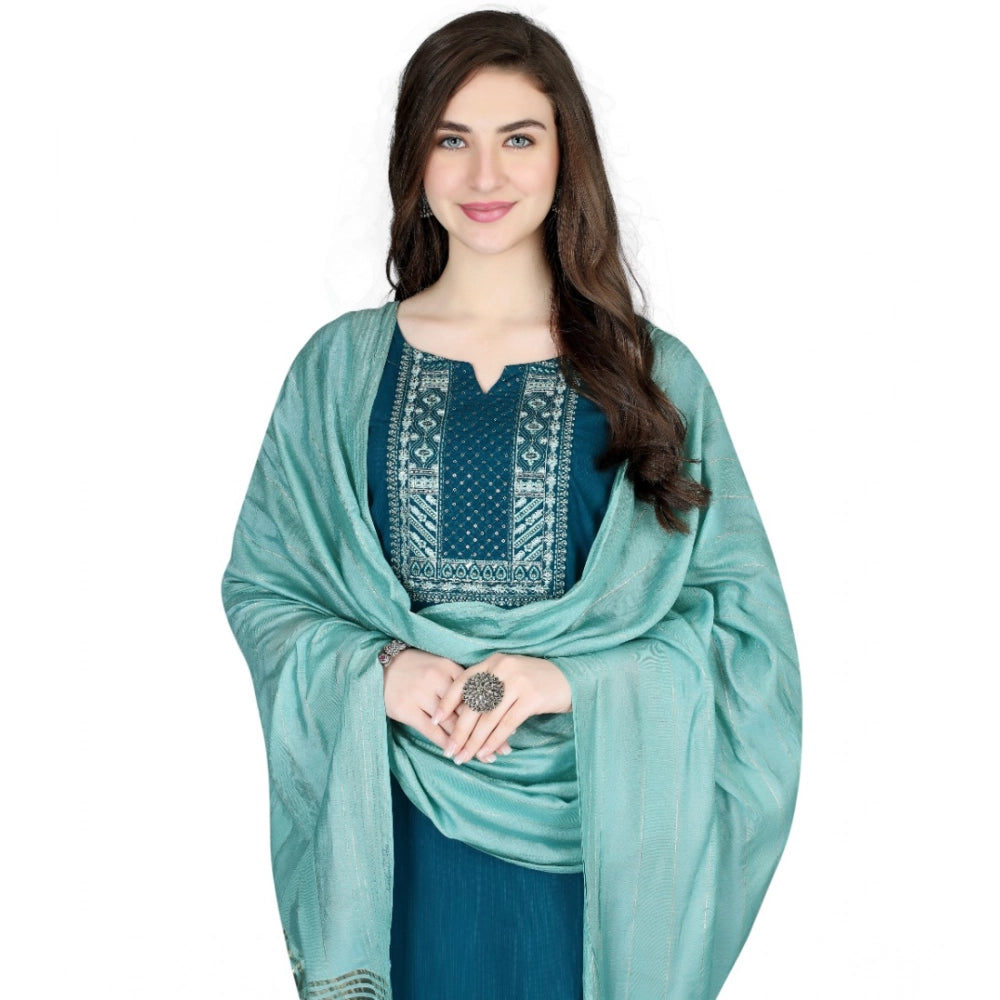 Amfyn Women's Cotton Blend Embroidered 3-4 th Sleeve V Neck Kurti With Pant Dupatta Set (Indigo)