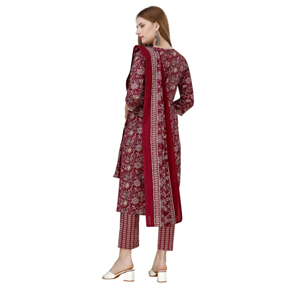 Amfyn Women's Cotton Blend Printed 3-4 th Sleeve Round Neck Kurti With Pant Dupatta Set (Maroon)