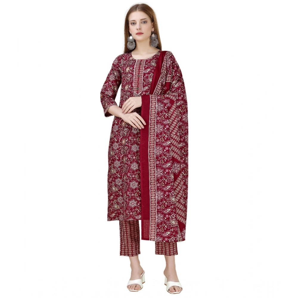 Amfyn Women's Cotton Blend Printed 3-4 th Sleeve Round Neck Kurti With Pant Dupatta Set (Maroon)