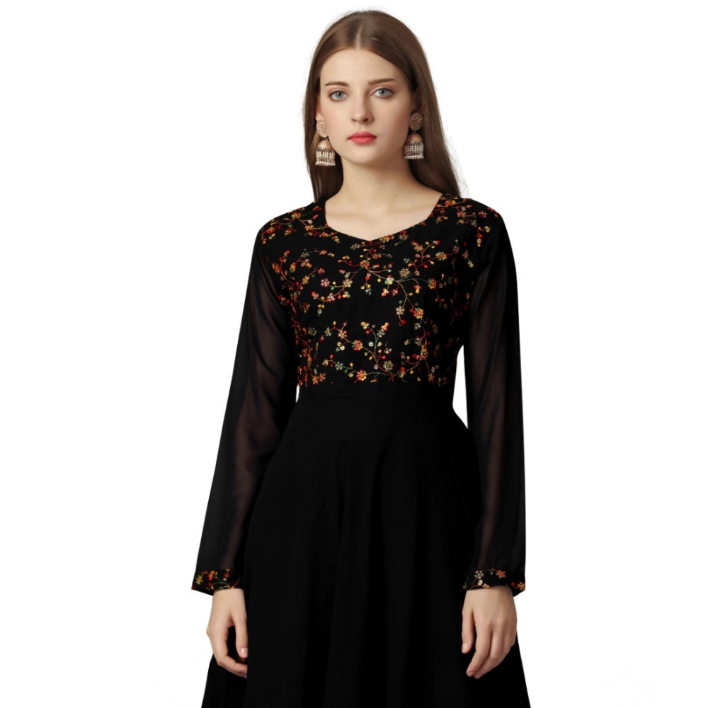 Amfyn Women's Georgette Embroidered Full Sleeve Round Neck Gown (Black)
