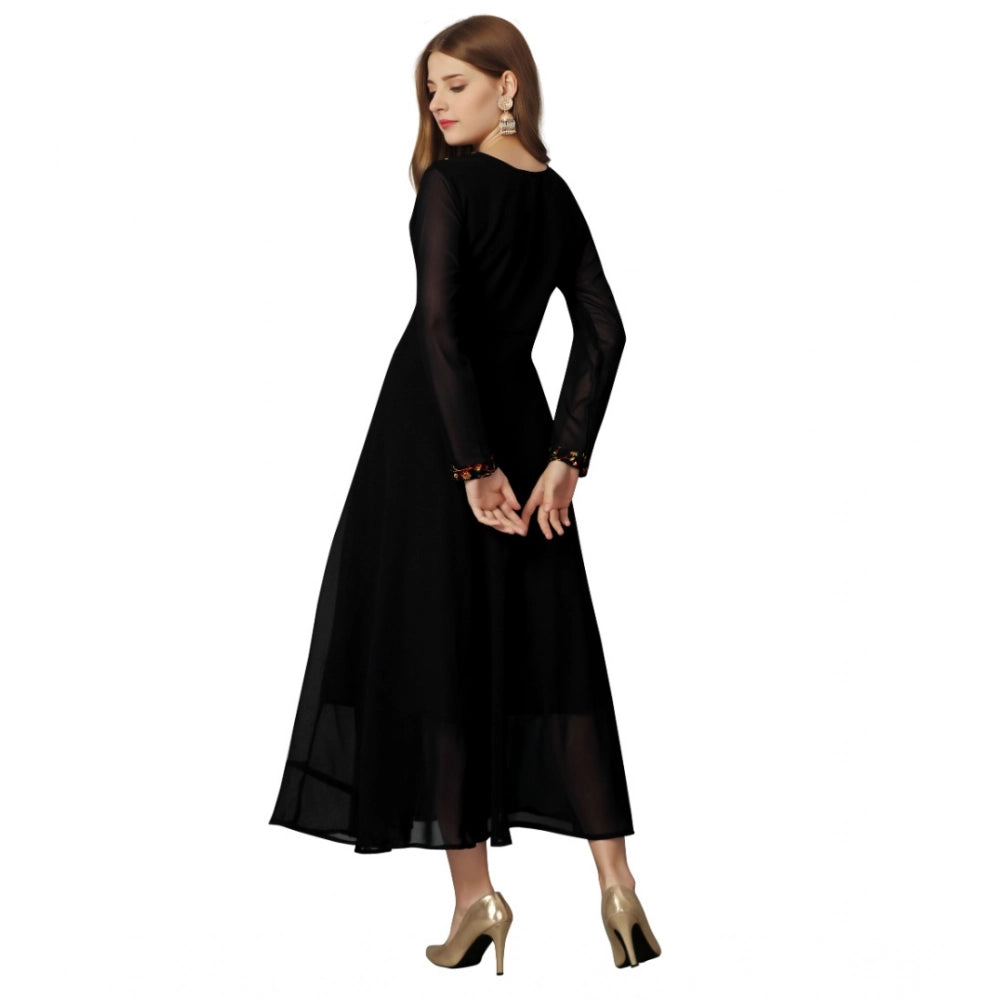 Amfyn Women's Georgette Embroidered Full Sleeve Round Neck Gown (Black)