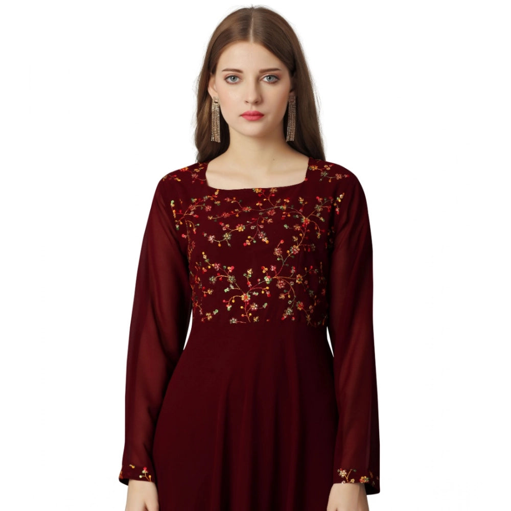 Amfyn Women's Georgette Embroidered Full Sleeve Round Neck Gown (Maroon)