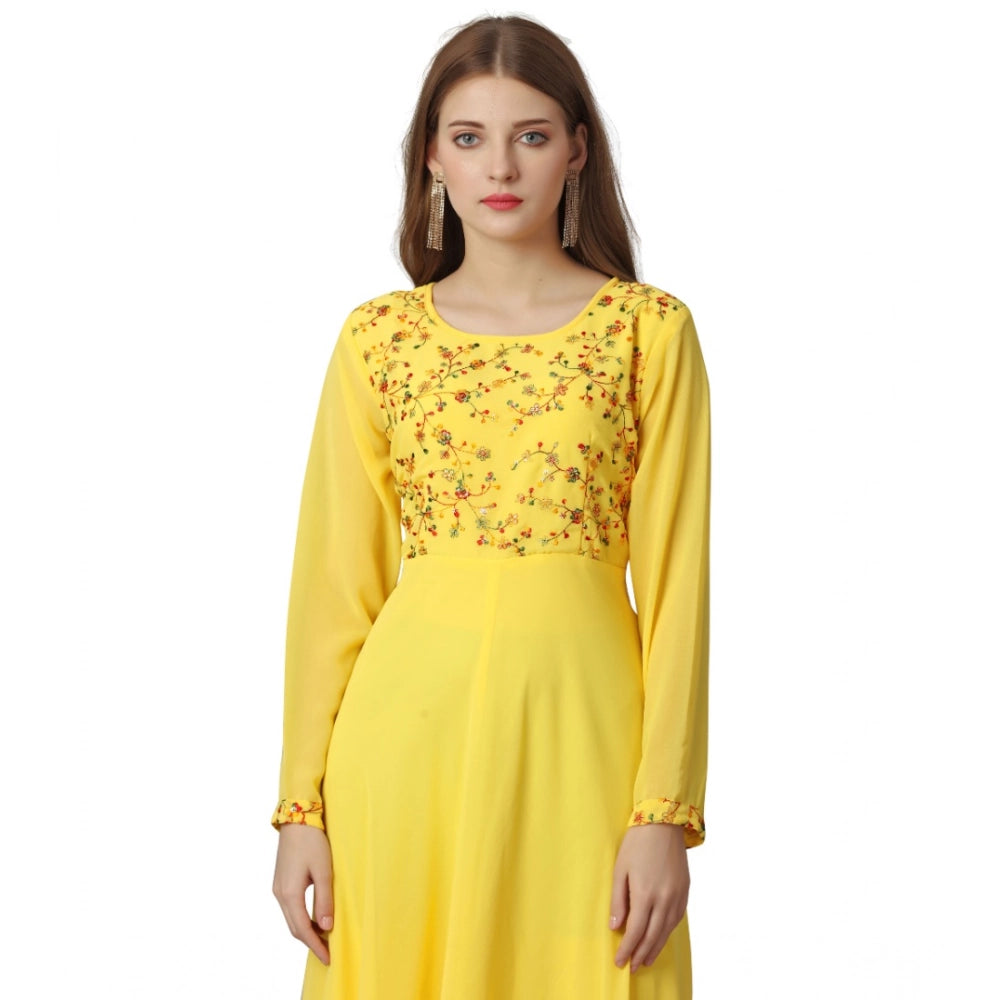 Amfyn Women's Georgette Embroidered Full Sleeve Round Neck Gown (Yellow )
