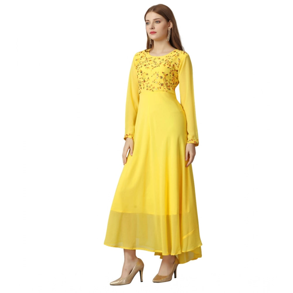 Amfyn Women's Georgette Embroidered Full Sleeve Round Neck Gown (Yellow )