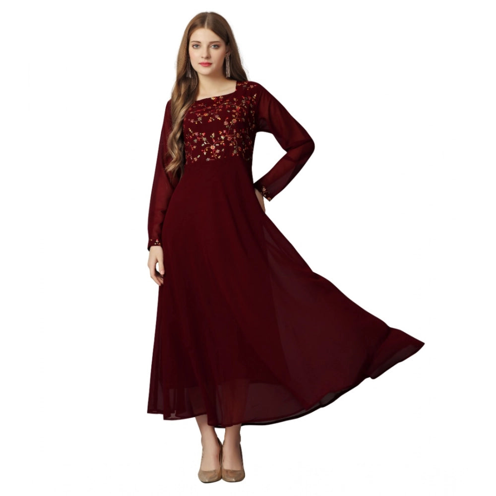 Amfyn Women's Georgette Embroidered Full Sleeve Round Neck Gown (Maroon)