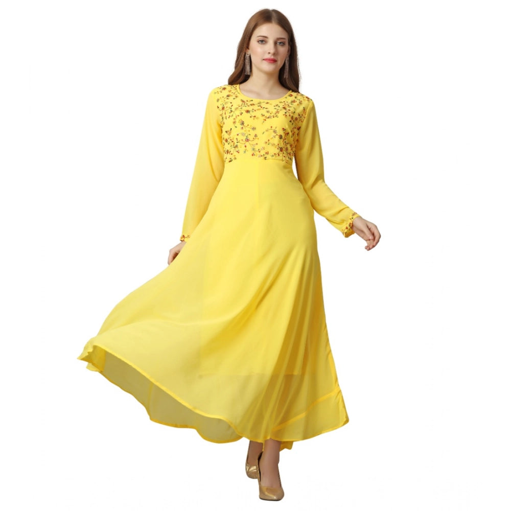 Amfyn Women's Georgette Embroidered Full Sleeve Round Neck Gown (Yellow )
