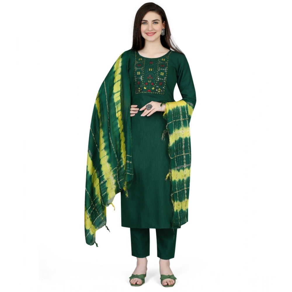 Amfyn Women's Cotton Blend Embroidered 3-4 th Sleeve Round Neck Kurti With Pant Dupatta Set (Green)