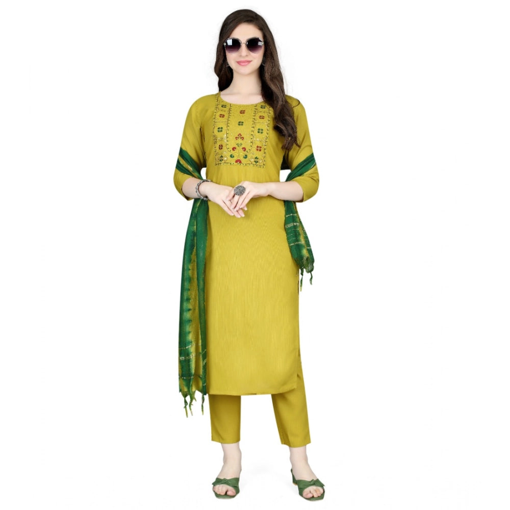 Amfyn Women's Cotton Blend Embroidered 3-4 th Sleeve Round Neck Kurti With Pant Dupatta Set (Yellow)