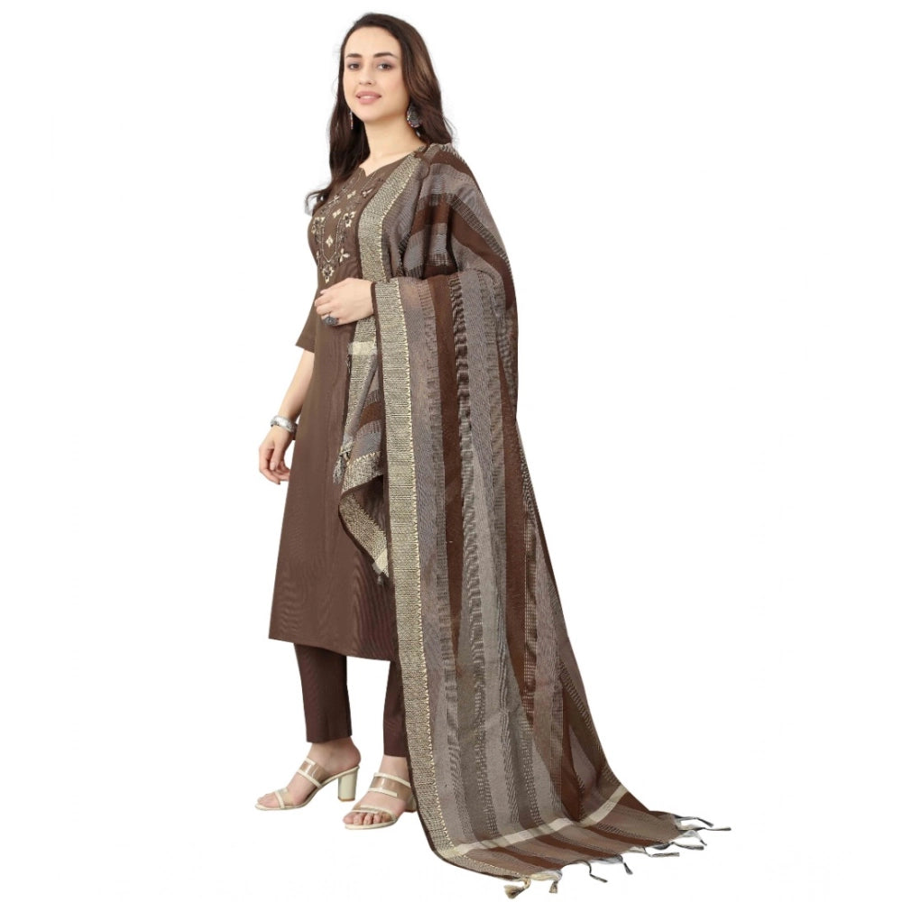 Amfyn Women's Cotton Blend Mirror Work 3-4 th Sleeve Sweetheart Neck Kurti With Pant Dupatta Set (Brown)