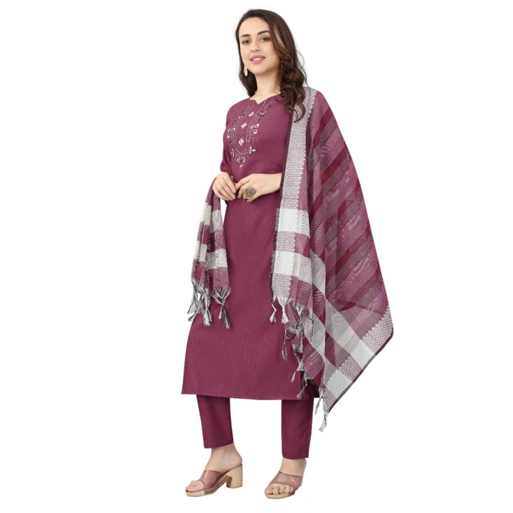 Amfyn Women's Cotton Blend Mirror Work 3-4 th Sleeve Sweetheart Neck Kurti With Pant Dupatta Set (Purple)
