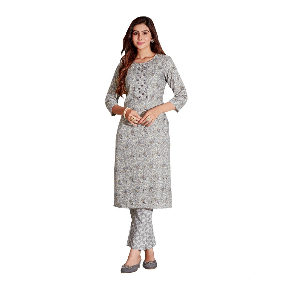 Amfyn Women's Cotton Blend Foil Print - Mirror Work 3-4 th Sleeve Round Neck Kurti With Pant Set (Grey)
