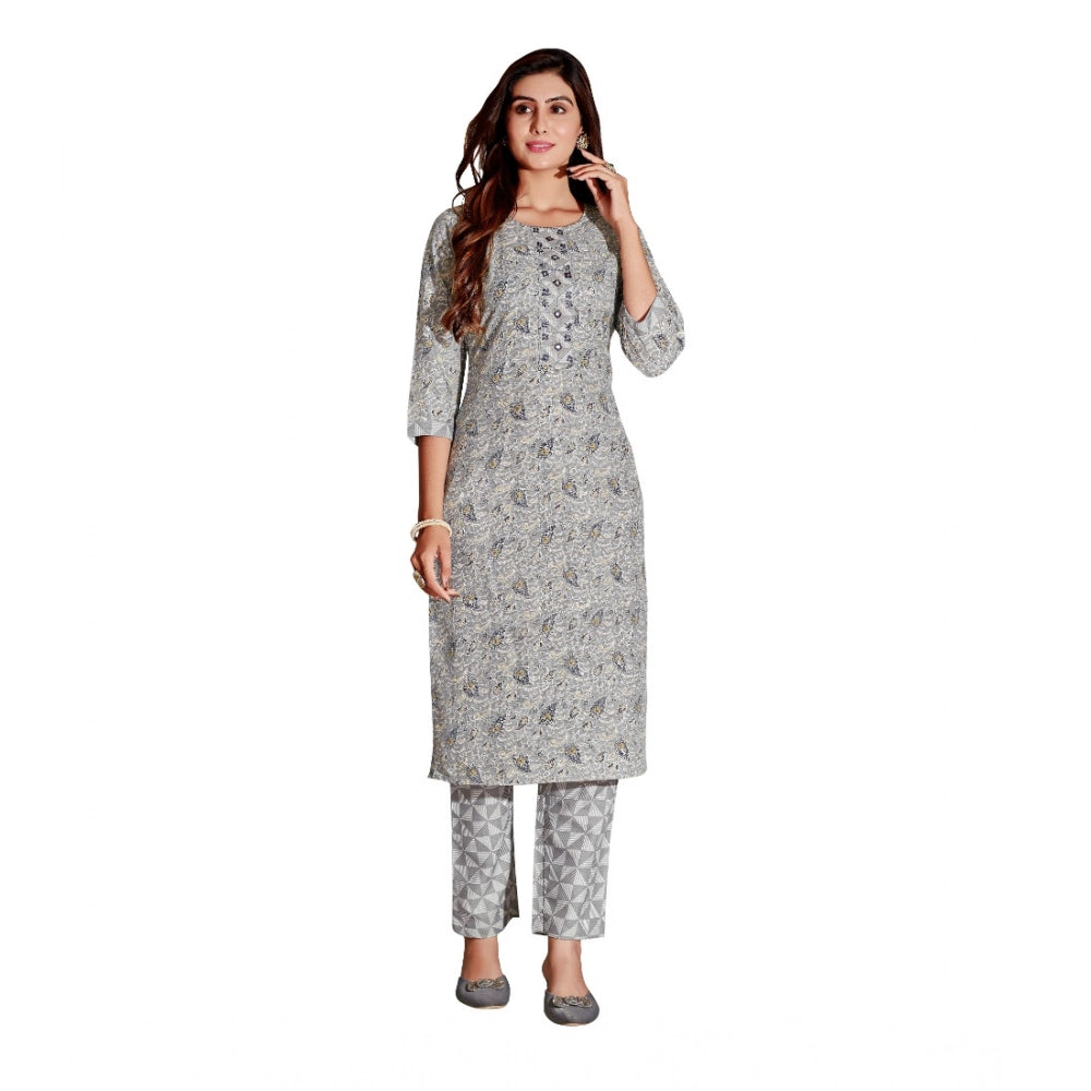 Amfyn Women's Cotton Blend Foil Print - Mirror Work 3-4 th Sleeve Round Neck Kurti With Pant Set (Grey)