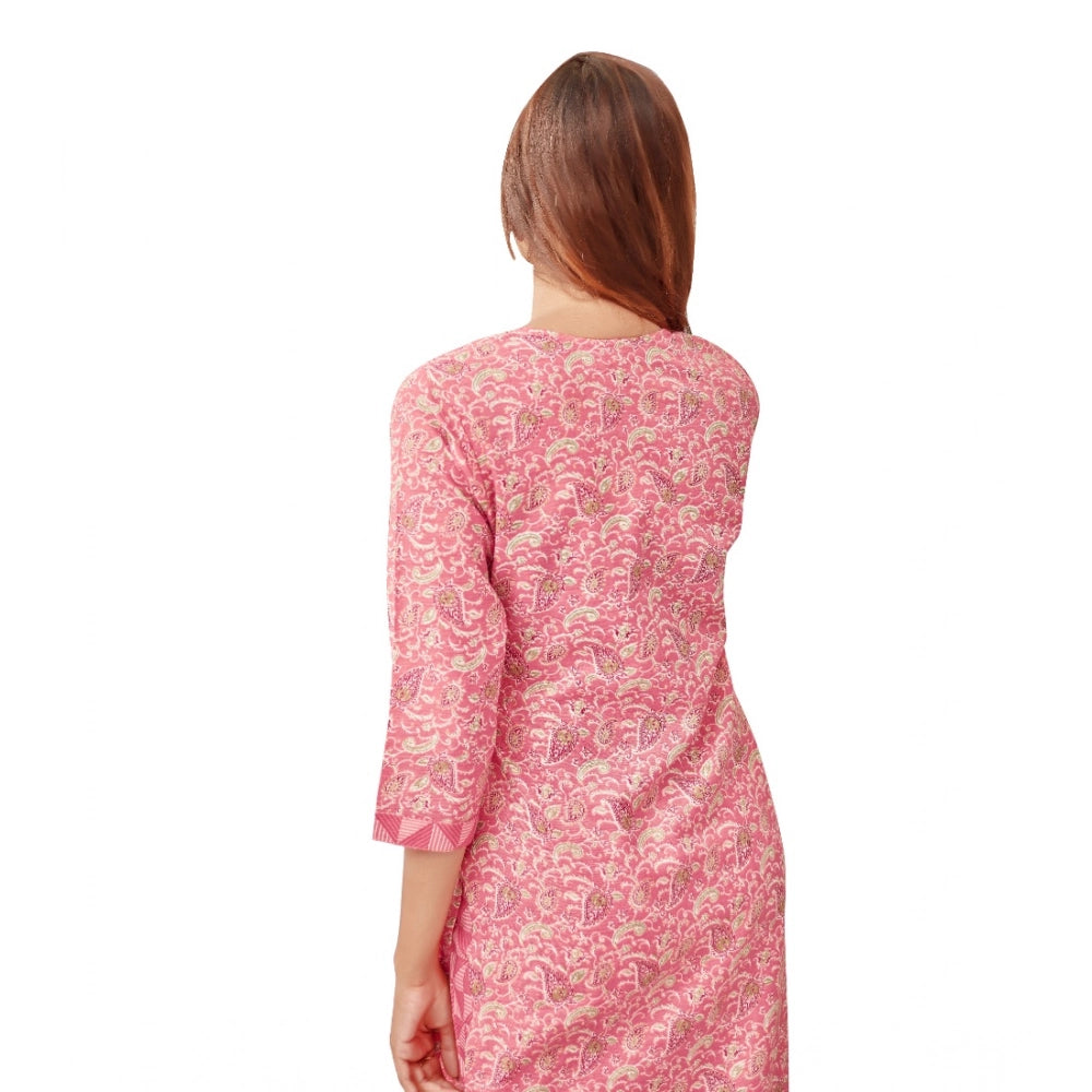 Amfyn Women's Cotton Blend Foil Print - Mirror Work 3-4 th Sleeve Round Neck Kurti With Pant Set (Pink)