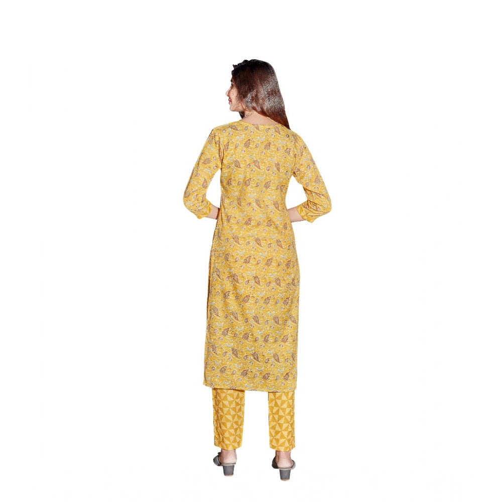 Amfyn Women's Cotton Blend Foil Print - Mirror Work 3-4 th Sleeve Round Neck Kurti With Pant Set (Mustard)