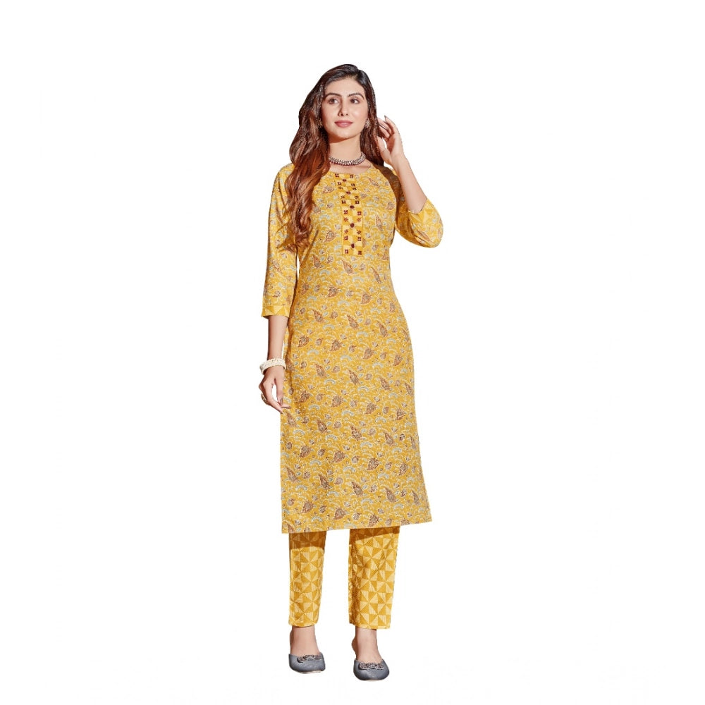Amfyn Women's Cotton Blend Foil Print - Mirror Work 3-4 th Sleeve Round Neck Kurti With Pant Set (Mustard)