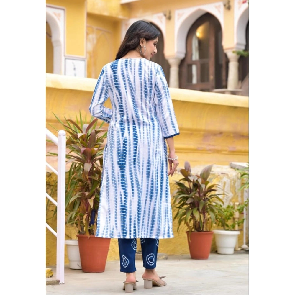 Amfyn Women's Cotton Printed 3-4 th Sleeve V Neck Kurti With Pant Dupatta Set (Blue)