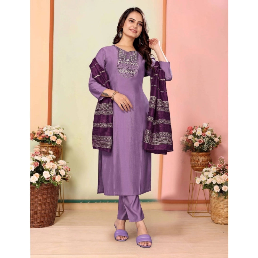 Amfyn Women's Silk Embroidered 3-4 th Sleeve Sweetheart Neck Kurti With Pant Dupatta Set (Lavender)