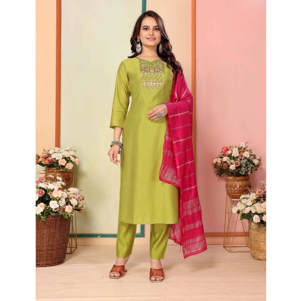 Amfyn Women's Silk Embroidered 3-4 th Sleeve Sweetheart Neck Kurti With Pant Dupatta Set (Green)