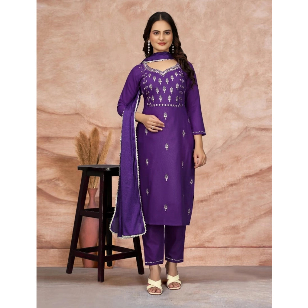 Amfyn Women's Cotton Blend Embroidered 3-4 th Sleeve Sweetheart Neck Kurti With Pant Dupatta Set (Purple )