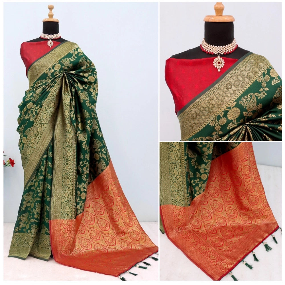 Amfyn Women's Banarasi Printed Saree With Unstitched Blouse 5.5Mtr (Green)