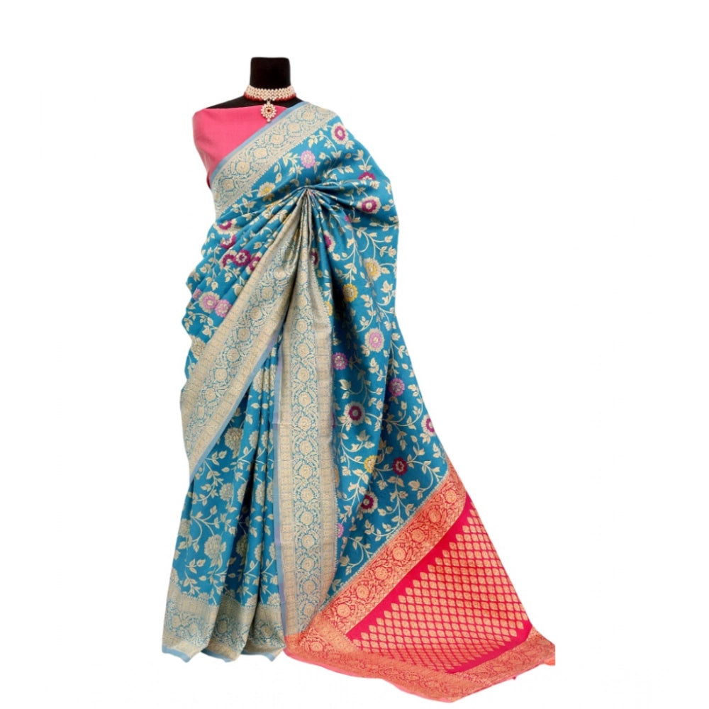 Amfyn Women's Banarasi Printed Saree With Unstitched Blouse 5.5Mtr (Aqua Blue)