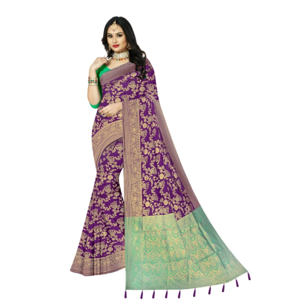 Amfyn Women's Banarasi Printed Saree With Unstitched Blouse 5.5Mtr (Purple)