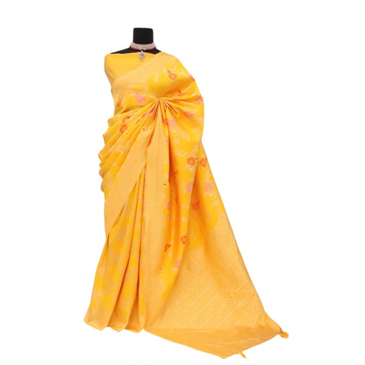 Amfyn Women's Banarasi Printed Saree With Unstitched Blouse 5.5Mtr (Yellow)