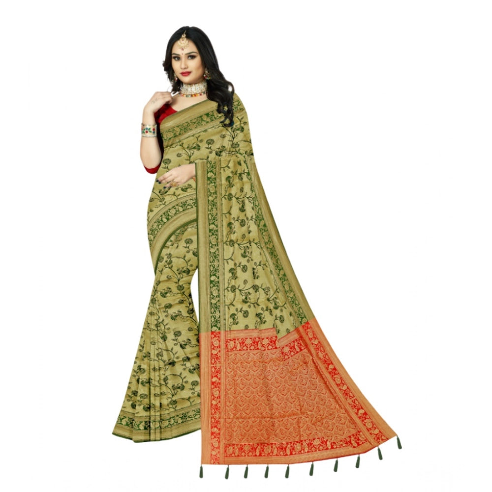 Amfyn Women's Banarasi Printed Saree With Unstitched Blouse 5.5Mtr (Golden)