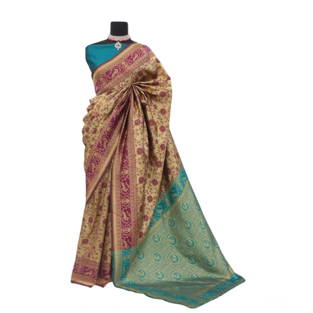 Amfyn Women's Banarasi Printed Saree With Unstitched Blouse 5.5Mtr (Purple)