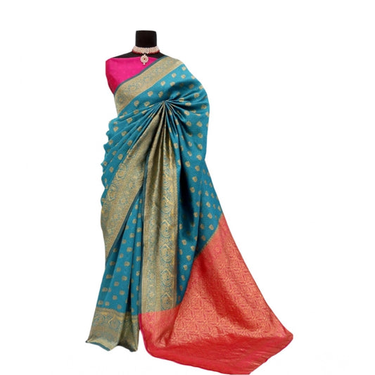 Amfyn Women's Banarasi Printed Saree With Unstitched Blouse 5.5Mtr (Aqua Blue)
